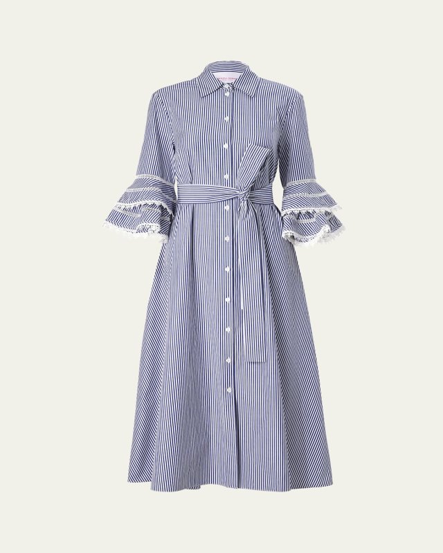 Stripe Tiered Ruffle Sleeve Shirtdress